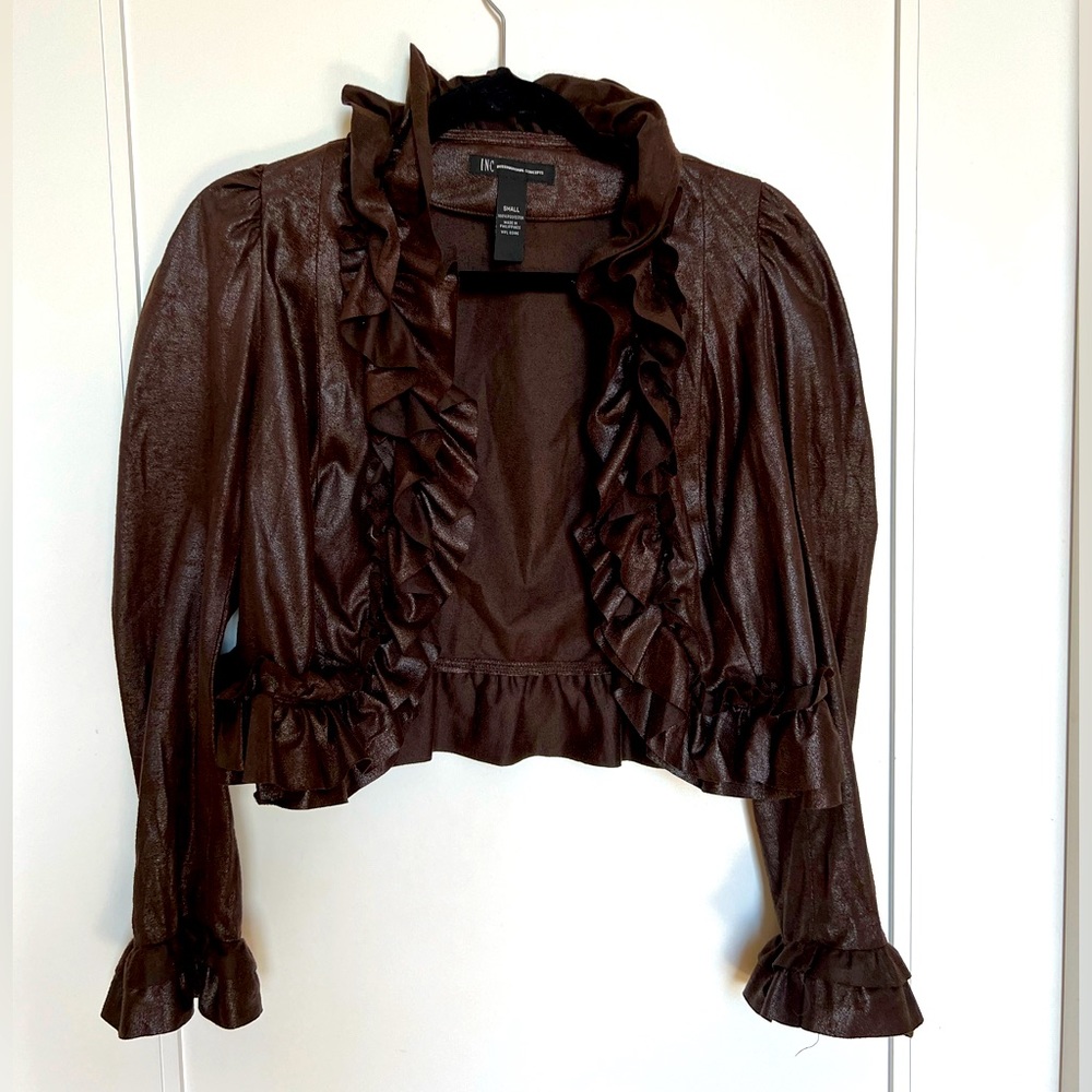 INC brown jacket with ruffles.